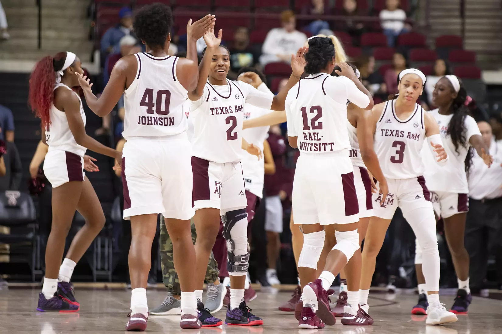 COLLEGE STATION, TX - NOVEMBER 10, 2019 - guard Aaliyah Wilson #2 of the Texas A&M Aggies and womenÕs basketball team celebrate during the game between the Duke Blue Devils and the Texas A&M Aggies at Reed Arena in College Station, TX. Photo By Craig Bisacre/Texas A&M Athletics