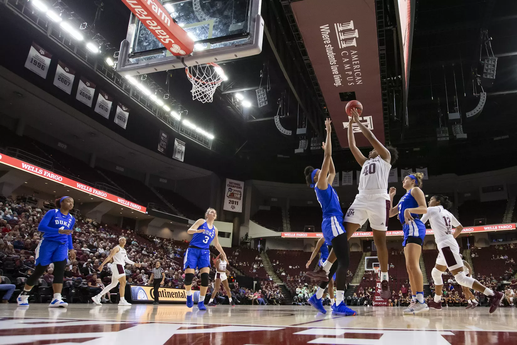 COLLEGE STATION, TX - NOVEMBER 10, 2019 - center Ciera Johnson #40 of the Texas A&M Aggies during the game between the Duke Blue Devils and the Texas A&M Aggies at Reed Arena in College Station, TX. Photo By Craig Bisacre/Texas A&M Athletics