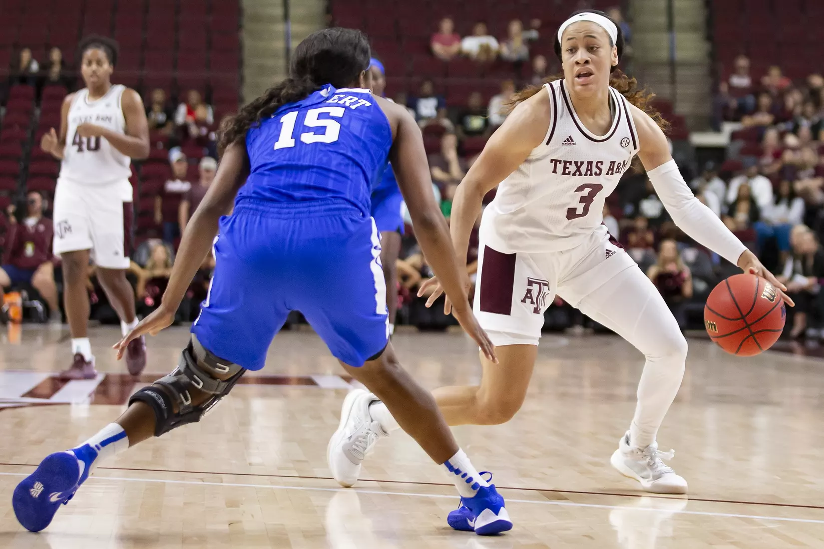COLLEGE STATION, TX - NOVEMBER 10, 2019 - guard Chennedy Carter #3 of the Texas A&M Aggies during the game between the Duke Blue Devils and the Texas A&M Aggies at Reed Arena in College Station, TX. Photo By Craig Bisacre/Texas A&M Athletics