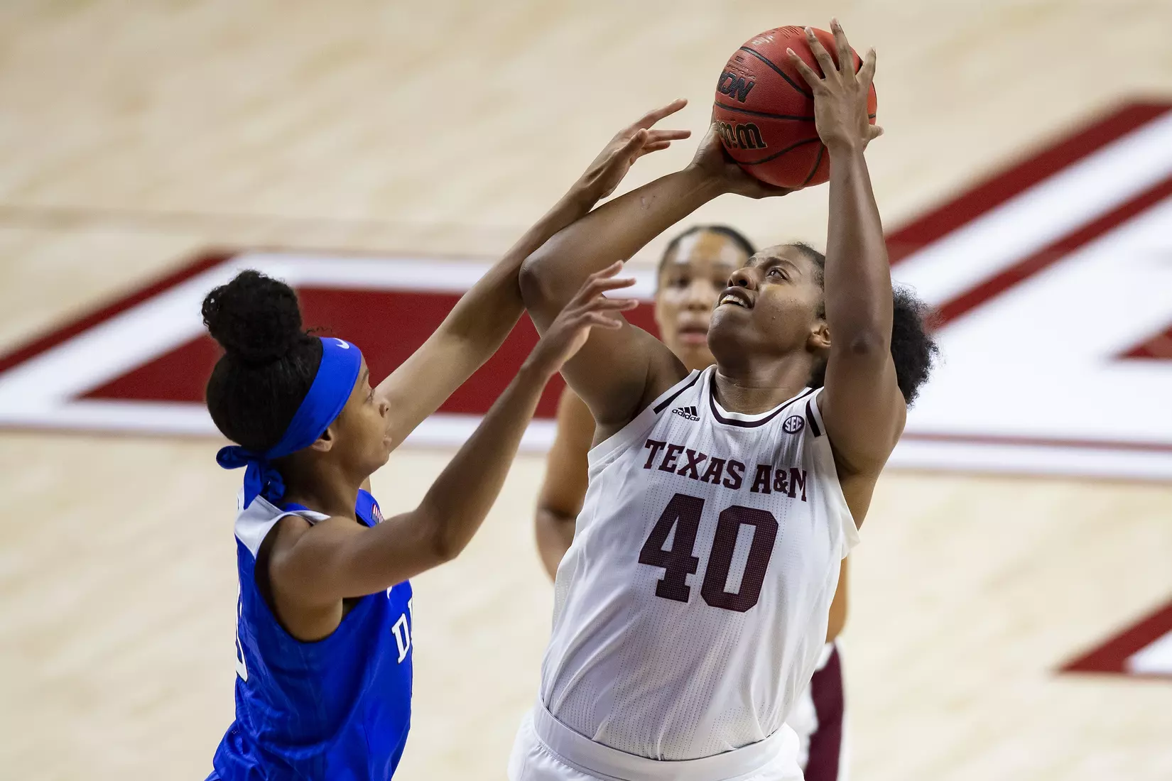 COLLEGE STATION, TX - NOVEMBER 10, 2019 - center Ciera Johnson #40 of the Texas A&M Aggies during the game between the Duke Blue Devils and the Texas A&M Aggies at Reed Arena in College Station, TX. Photo By Craig Bisacre/Texas A&M Athletics