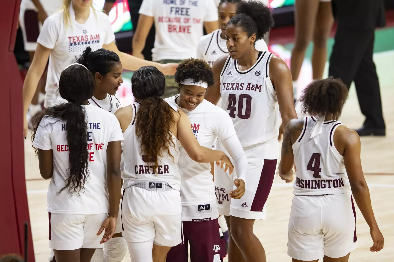 COLLEGE STATION, TX - NOVEMBER 10, 2019 - guard Jasmine Williams #15 of the Texas A&M Aggies celebrates with teammates during the game between the Duke Blue Devils and the Texas A&M Aggies at Reed Arena in College Station, TX. Photo By Craig Bisacre/Texas A&M Athletics