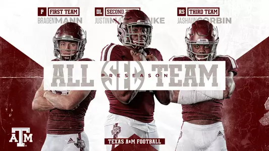 Football Preseason All-SEC Awards - Braden Mann, Justin Madubuike, Jashaun Corbin