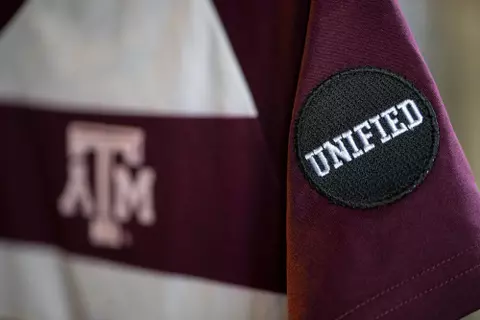 COLLEGE STATION, TX - OCTOBER 06, 2020 - Soccer Jersey Unified Patch in studio in College Station, TX. Photo By Craig Bisacre/Texas A&M Athletics