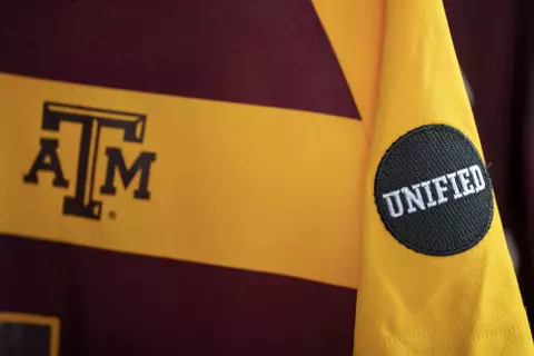COLLEGE STATION, TX - OCTOBER 06, 2020 - Soccer Jersey Unified Patch in studio in College Station, TX. Photo By Craig Bisacre/Texas A&M Athletics