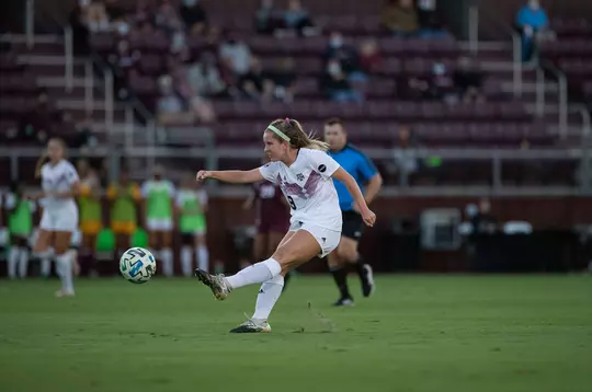 COLLEGE STATION, TX - OCTOBER 16, 2020 - Midfielder Kendall Bates #19 of the Texas A&M Aggies during the game between the Bulldogs and the Texas A&M Aggies at Ellis Field in College Station, TX. Photo By Bailey Orr/Texas A&M Athletics
