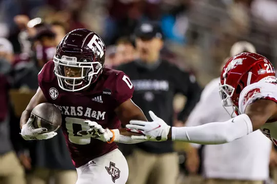 COLLEGE STATION, TX - OCTOBER 31, 2020 - Running back Ainias Smith #0 of the Texas A&M Aggies during the game between the Arkansas Razorbacks and the Texas A&M Aggies at Kyle Field in College Station, TX. Photo By Craig Bisacre/Texas A&M Athletics/Texas A&M Athletics