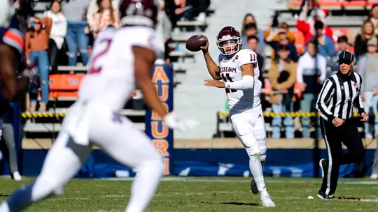 AUBURN, AL - DECEMBER 05, 2020 - Quarterback Kellen Mond #11 of the Texas A&M Aggies during the game between the Auburn Tigers and the Texas A&M Aggies at Jordan-Hare Stadium in Auburn, AL. Photo By Craig Bisacre/Texas A&M Athletics