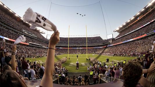 Wide Shot from South End Zone Kyle Field above Tunnel with Flyover