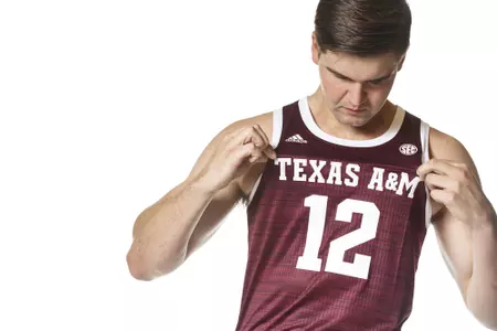 COLLEGE STATION, TX - July 14, 2021 - Everett Vaughn #12 of the Texas A&M Aggies during Texas A&M Aggies Men’s Basketball Photo Day at Kyle Field in College Station, TX. Photo By Bailey Orr/Texas A&M Athletics