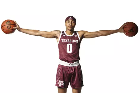 COLLEGE STATION, TX - July 14, 2021 - Aaron Johnson-Cash #0 of the Texas A&M Aggies during Texas A&M Aggies Men’s Basketball Photo Day at Kyle Field in College Station, TX. Photo By Bailey Orr/Texas A&M Athletics