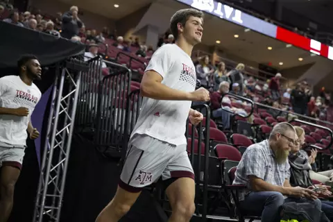 COLLEGE STATION, TX - NOVEMBER 11, 2019 - forward Everett Vaughn #10 of the Texas A&M Aggies during the men?s basketball game between the Louisiana-Monroe Warhawks and the Texas A&M Aggies at Reed Arena in College Station, TX. Photo By Craig Bisacre/Texas A&M Athletics