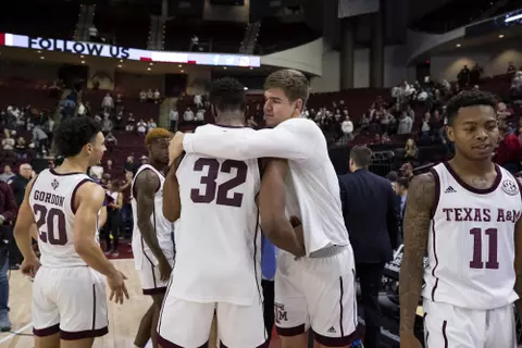 COLLEGE STATION, TX - JANUARY 07, 2020 - forward Josh Nebo #32 of the Texas A&M Aggies and forward Everett Vaughn #10 of the Texas A&M Aggies during the Men?s basketball game between the Ole Miss Rebels and the Texas A&M Aggies at Reed Arena in College Station, TX. Photo By Craig Bisacre/Texas A&M Athletics
