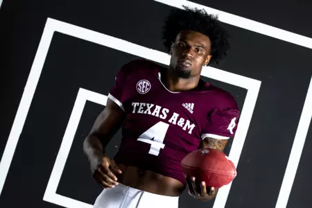 COLLEGE STATION, TX - July 27, 2021 - Defensive back Erick Young #4 of the Texas A&M Aggies during Texas A&M Aggies Football photo day in College Station, TX. Photo By Craig Bisacre/Texas A&M Athletics