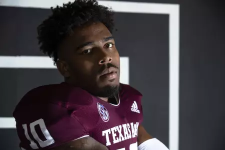 COLLEGE STATION, TX - July 27, 2021 - Defensive lineman Fadil Diggs #10 of the Texas A&M Aggies during Texas A&M Aggies Football photo day in College Station, TX. Photo By Craig Bisacre/Texas A&M Athletics