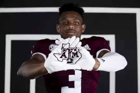 COLLEGE STATION, TX - July 28, 2021 - Wide receiver Devin Price #3 of the Texas A&M Aggies during Football Photo Day in College Station, TX. Photo By Olivia Treadwell/Texas A&M Athletics