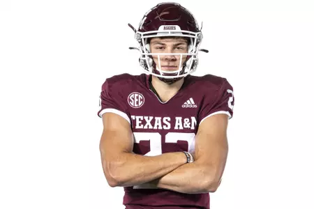 COLLEGE STATION, TX - July 28, 2021 - Quarterback Blake Bost #23 of the Texas A&M Aggies during Texas A&M Aggies Football Photo Day in The Studio at Kyle Field in College Station, TX. Photo By Craig Bisacre/Texas A&M Athletics