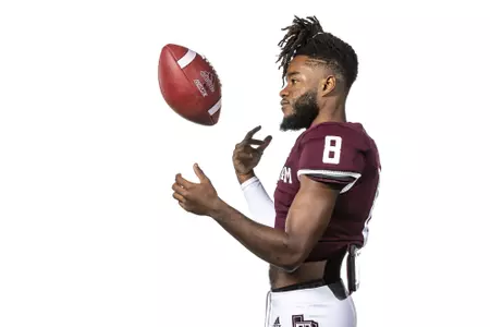 COLLEGE STATION, TX - July 28, 2021 - Defensive lineman Yulkeith Brown #8 of the Texas A&M Aggies during Texas A&M Aggies Football Photo Day in The Studio at Kyle Field in College Station, TX. Photo By Craig Bisacre/Texas A&M Athletics