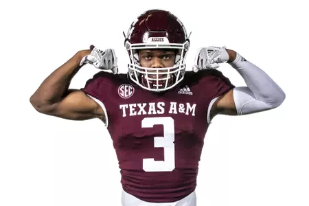 COLLEGE STATION, TX - July 28, 2021 - Wide receiver Devin Price #3 of the Texas A&M Aggies during Texas A&M Aggies Football Photo Day in The Studio at Kyle Field in College Station, TX. Photo By Craig Bisacre/Texas A&M Athletics