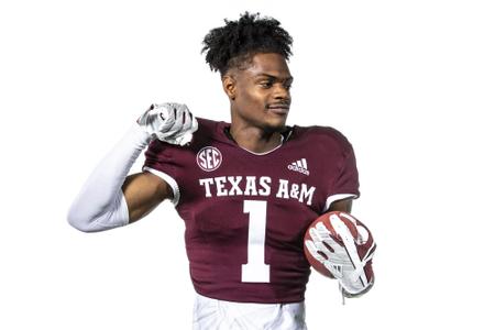 COLLEGE STATION, TX - July 28, 2021 - Wide receiver Demond Demas #1 of the Texas A&M Aggies during Texas A&M Aggies Football Photo Day in The Studio at Kyle Field in College Station, TX. Photo By Craig Bisacre/Texas A&M Athletics