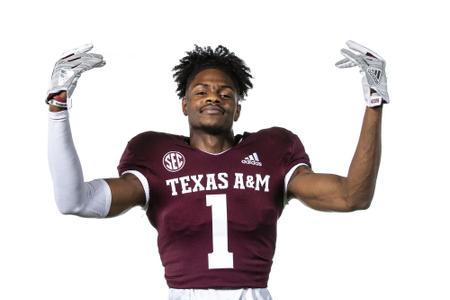 COLLEGE STATION, TX - July 28, 2021 - Wide receiver Demond Demas #1 of the Texas A&M Aggies during Texas A&M Aggies Football Photo Day in The Studio at Kyle Field in College Station, TX. Photo By Craig Bisacre/Texas A&M Athletics