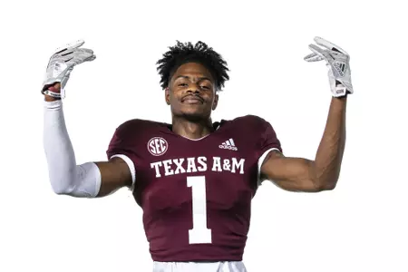 COLLEGE STATION, TX - July 28, 2021 - Wide receiver Demond Demas #1 of the Texas A&M Aggies during Texas A&M Aggies Football Photo Day in The Studio at Kyle Field in College Station, TX. Photo By Craig Bisacre/Texas A&M Athletics