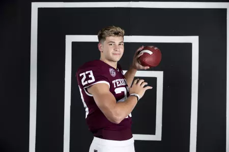 COLLEGE STATION, TX - July 28, 2021 -  Quarterback Blake Bost #23 of the Texas A&M Aggies during Football Photo Day in College Station, TX. Photo By Olivia Treadwell/Texas A&M Athletics