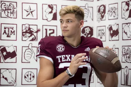 COLLEGE STATION, TX - July 28, 2021 - Quarterback Blake Bost #23 of the Texas A&M Aggies during the Texas A&M Aggies Football Photo Day at the Studio in College Station, TX. Photo ByCraig Bisacre/Texas A&M Athletics