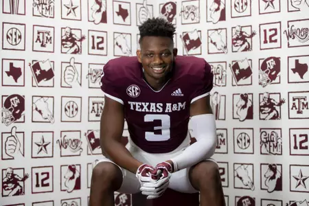 COLLEGE STATION, TX - July 28, 2021 - Wide receiver Devin Price #3 of the Texas A&M Aggies during the Texas A&M Aggies Football Photo Day at the Studio in College Station, TX. Photo ByCraig Bisacre/Texas A&M Athletics