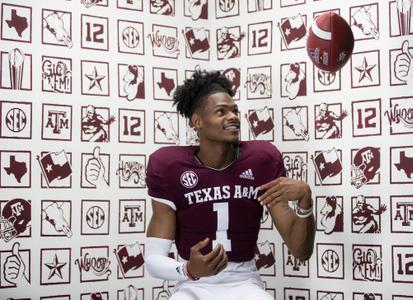 COLLEGE STATION, TX - July 28, 2021 - Wide receiver Demond Demas #1 of the Texas A&M Aggies during the Texas A&M Aggies Football Photo Day at the Studio in College Station, TX. Photo ByCraig Bisacre/Texas A&M Athletics