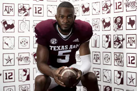 COLLEGE STATION, TX - July 29, 2021 - Wide receiver Jalen Preston #5 of the Texas A&M Aggies during Texas A&M Aggies Football Photo Day in The Studio at Kyle Field in College Station, TX. Photo By Texas A&M Athletics/Texas A&M Athletics