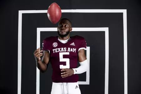 COLLEGE STATION, TX - July 29, 2021 - Wide receiver Jalen Preston #5 of the Texas A&M Aggies during Texas A&M Aggies Football Photo Day in The Studio at Kyle Field in College Station, TX. Photo By Texas A&M Athletics/Texas A&M Athletics