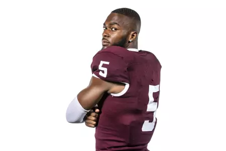COLLEGE STATION, TX - July 29, 2021 - Wide receiver Jalen Preston #5 of the Texas A&M Aggies during Texas A&M Aggies Football Photo Day in The Studio at Kyle Field in College Station, TX. Photo By Texas A&M Athletics/Texas A&M Athletics