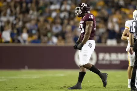 COLLEGE STATION, TX - SEPTEMBER 04, 2021 - Defensive lineman Fadil Diggs #10 of the Texas A&M Aggies during the game between the Kent State Golden Flash and the Texas A&M Aggies at Kyle Field in College Station, TX. Photo By Bailey Orr/Texas A&M Athletics