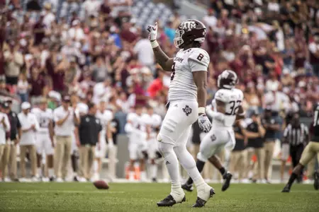 DENVER, CO - SEPTEMBER 11, 2021 - Defensive lineman Yulkeith Brown #8 of the Texas A&M Aggies during the game between the Colorado Buffaloes and the Texas A&M Aggies at Empower Field at Mile High Stadium in Denver, Colorado. Photo By C. Morgan Engel/Texas A&M Athletics