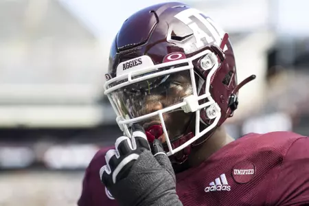 COLLEGE STATION, TX - September 18, 2021 - Defensive lineman Shemar Turner #5 of the Texas A&M Aggies during the game between the New Mexico Lobos and the Texas A&M Aggies at Kyle Field in College Station, TX. Photo By Kate Luffman/Texas A&M Athletics