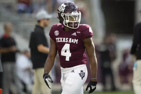COLLEGE STATION, TX - October 02, 2021 - Defensive back Erick Young #4 of the Texas A&M Aggies during the game between the Mississippi St. Bulldogs and the Texas A&M Aggies at Kyle Field in College Station, TX. Photo By Emily Snyder/Texas A&M Athletics