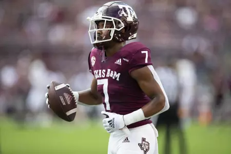 COLLEGE STATION, TX - October 02, 2021 - Wide receiver Moose Muhammad III #7 of the Texas A&M Aggies during the game between the Mississippi St. Bulldogs and the Texas A&M Aggies at Kyle Field in College Station, TX. Photo By Emily Snyder/Texas A&M Athletics