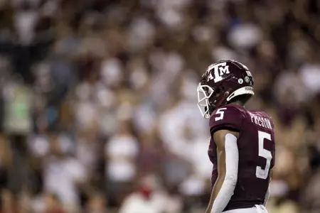 COLLEGE STATION, TX - October 09, 2021 - Wide receiver Jalen Preston #5 of the Texas A&M Aggies during the game between the Alabama Crimson Tide and the Texas A&M Aggies at Kyle Field in College Station, TX. Photo By Aiden Shertzer/Texas A&M Athletics