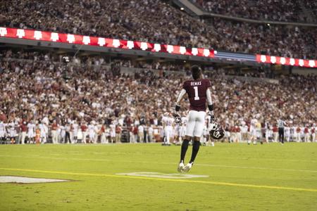 COLLEGE STATION, TX - October 09, 2021 - \fb Wide Receiver Demond Demas #1 of the Texas A&M Aggies during the game between the Alabama Crimson Tide and the Texas A&M Aggies at Kyle Field in College Station, TX. Photo By Sydney Morriss/Texas A&M Athletics