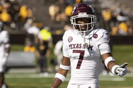 COLUMBIA, MO - October 16, 2021 - Defensive back Tyreek Chappell #7 of the Texas A&M Aggies during the game between the Missouri Tigers and the Texas A&M Aggies at Faurot Field in Columbia, MO. Photo By Craig Bisacre