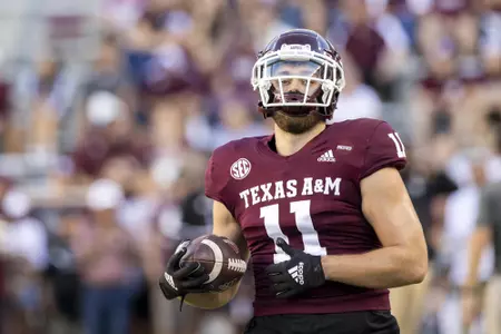 COLLEGE STATION, TX - October 23, 2021 - Tight end Blake Smith #11 of the Texas A&M Aggies during the game between the South Carolina Gamecocks and the Texas A&M Aggies at Kyle Field in College Station, TX. Photo By Kate Luffman/Texas A&M Athletics