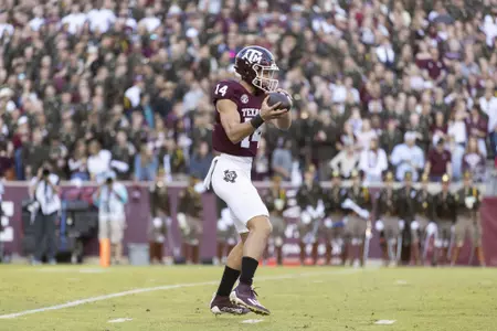 COLLEGE STATION, TX - November 06, 2021 - Quarterback Blake Bost #14 of the Texas A&M Aggies during the game between the Auburn Tigers and the Texas A&M Aggies at Kyle Field in College Station, TX. Photo By Bailey Orr/Texas A&M Athletics