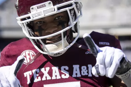 COLLEGE STATION, TX - November 06, 2021 - Wide receiver Jalen Preston #5 of the Texas A&M Aggies during the game between the Auburn Tigers and the Texas A&M Aggies at Kyle Field in College Station, TX. Photo By Kate Luffman/Texas A&M Athletics