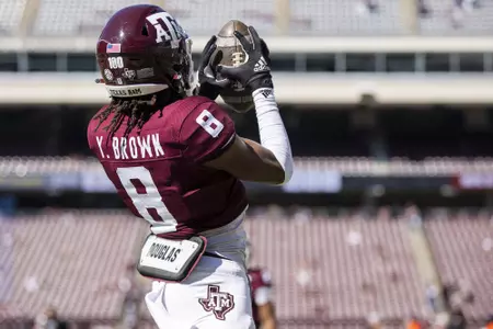 COLLEGE STATION, TX - November 06, 2021 - Defensive lineman Yulkeith Brown #8 of the Texas A&M Aggies during the game between the Auburn Tigers and the Texas A&M Aggies at Kyle Field in College Station, TX. Photo By Kate Luffman/Texas A&M Athletics