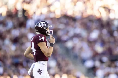 COLLEGE STATION, TX - November 06, 2021 - Quarterback Blake Bost #14 of the Texas A&M Aggies during the game between the Auburn Tigers and the Texas A&M Aggies at Kyle Field in College Station, TX. Photo By Kate Luffman/Texas A&M Athletics