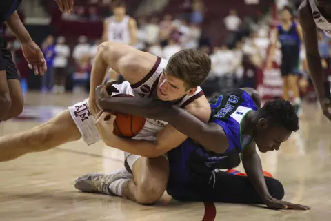 COLLEGE STATION, TX - November 14, 2021 - Forward Everett Vaughn #12 of the Texas A&M Aggies during the game between the Texas A&M Corpus Christi Islanders and the Texas A&M Aggies at Reed Arena in College Station, TX. Photo By Craig Bisacre/Texas A&M Athletics