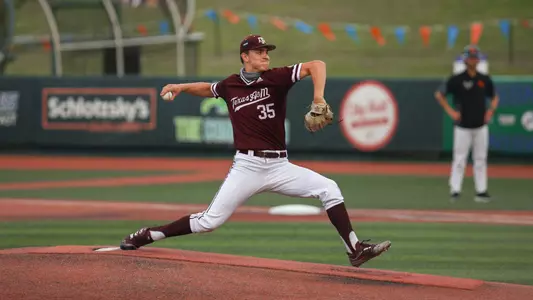 Nathan Dettmer throws from the mound at Sam Houston