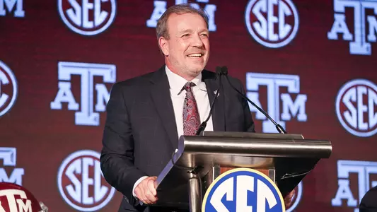 Jimbo Fisher talks to the press at 2021 SEC MEdia Days