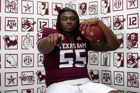 COLLEGE STATION, TX - July 27, 2021 - Offensive lineman Kenyon Green #55 of the Texas A&M Aggies during Texas A&M Aggies Football photo day in College Station, TX. Photo By Craig Bisacre/Texas A&M Athletics