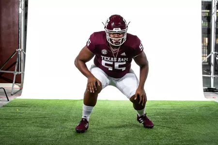 COLLEGE STATION, TX - July 27, 2021 - Offensive lineman Kenyon Green #55 of the Texas A&M Aggies during Texas A&M Aggies Football photo day in College Station, TX. Photo By Craig Bisacre/Texas A&M Athletics